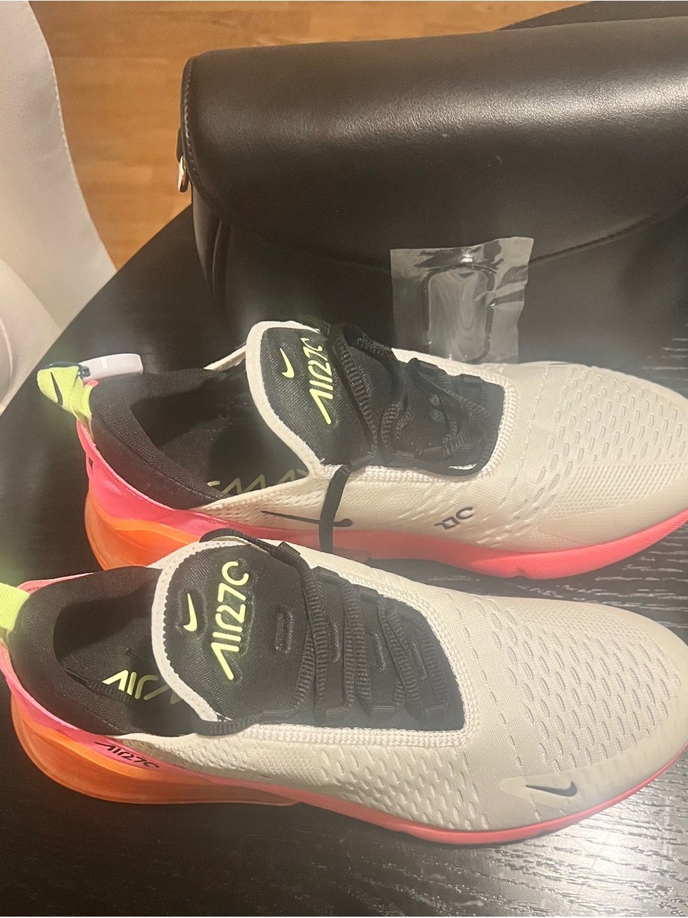 Nike Air Max 270 Sneakers in White with Black, Neon Pink & Neon Yellow Accents